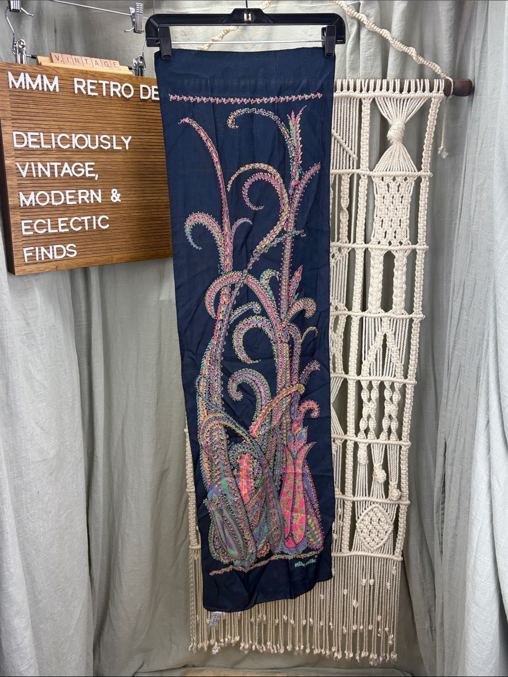 Vintage 1970s Glentex Nik-Nik Collab Navy Scarf with Multicolor Paisley Print